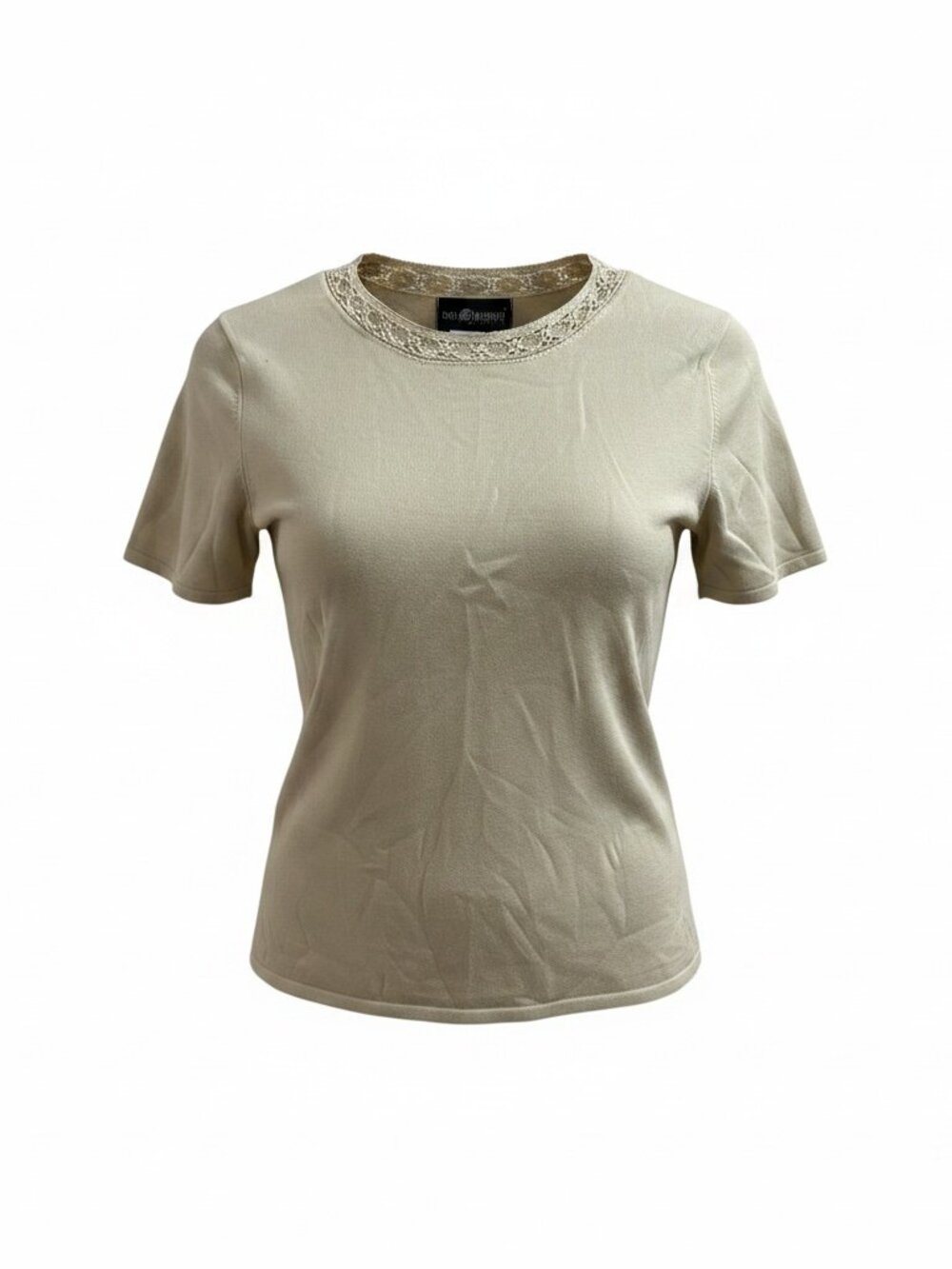 Sag Harbor Petite Medium Beige Short Sleeve Top Lace Neckline - Picture 2 of 9